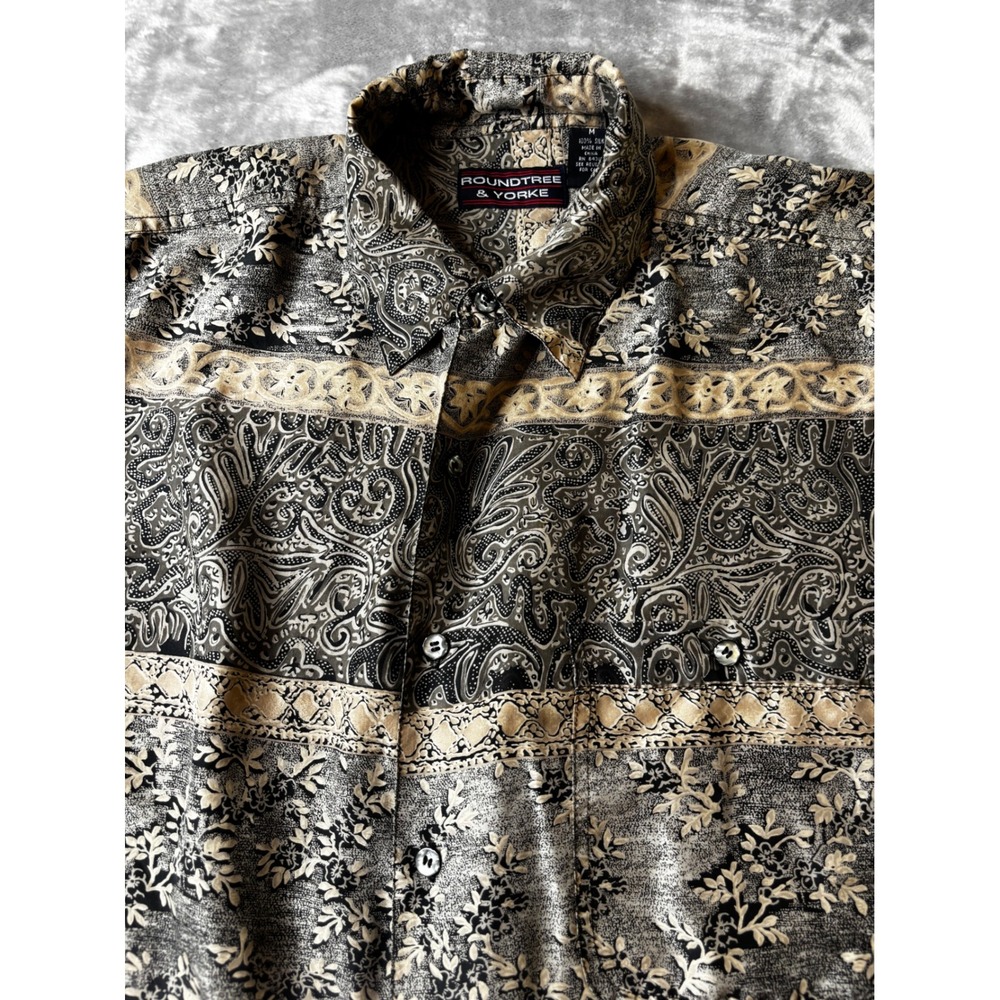 Roundtree & Yorke Mens Medium Silk Paisley Floral Button Down Shirt Grey Beige